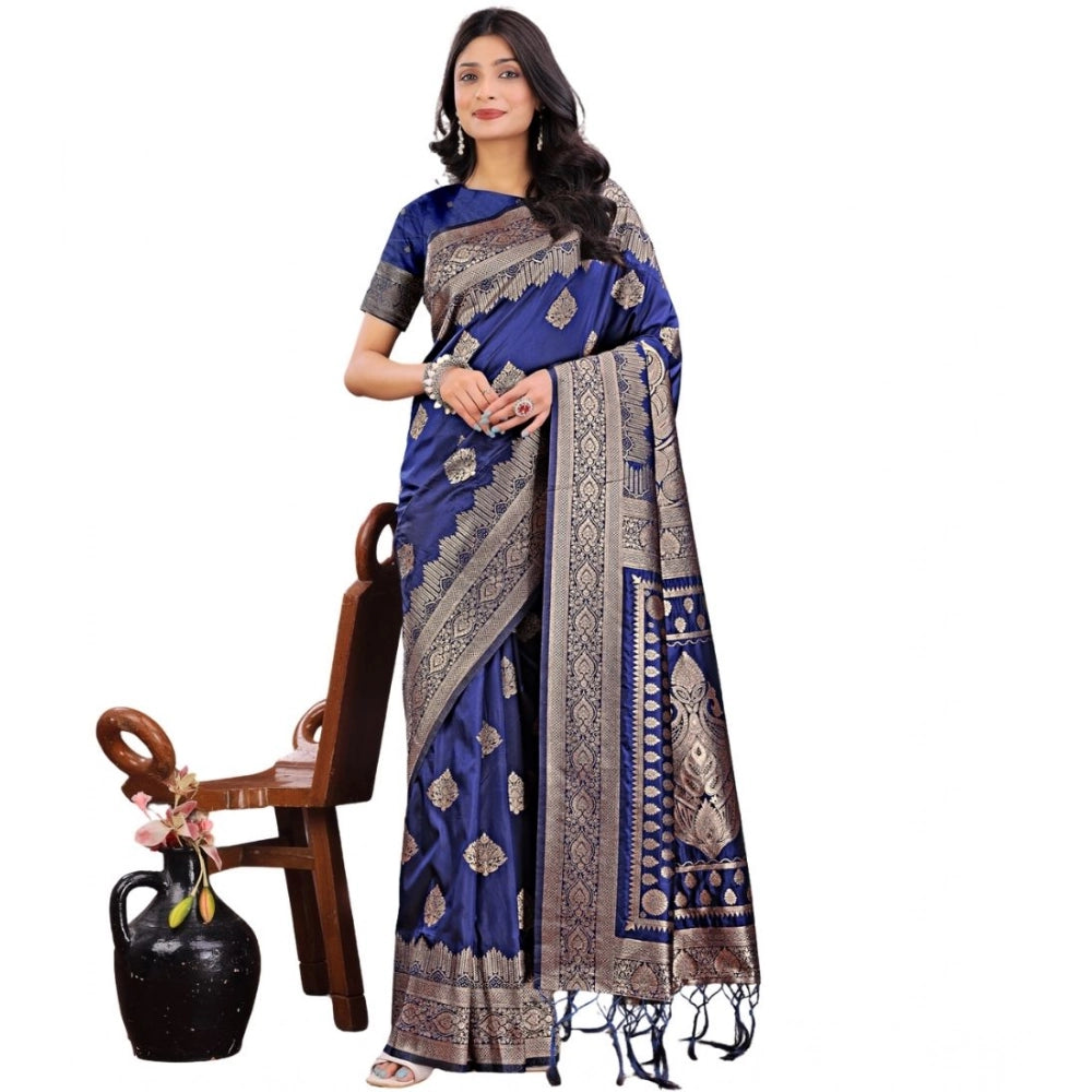 Women's Silk Printed Saree With Unstitched Blouse 5.5Mtr (Navy Blue)