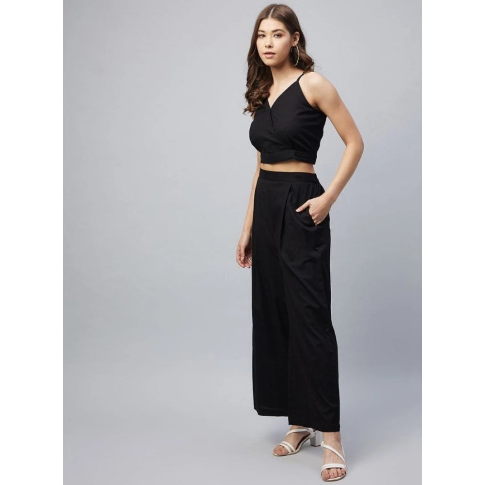 Generic Women's Cotton Linen Solid Sleeveless Crop Top and Palazzo Set (Black)