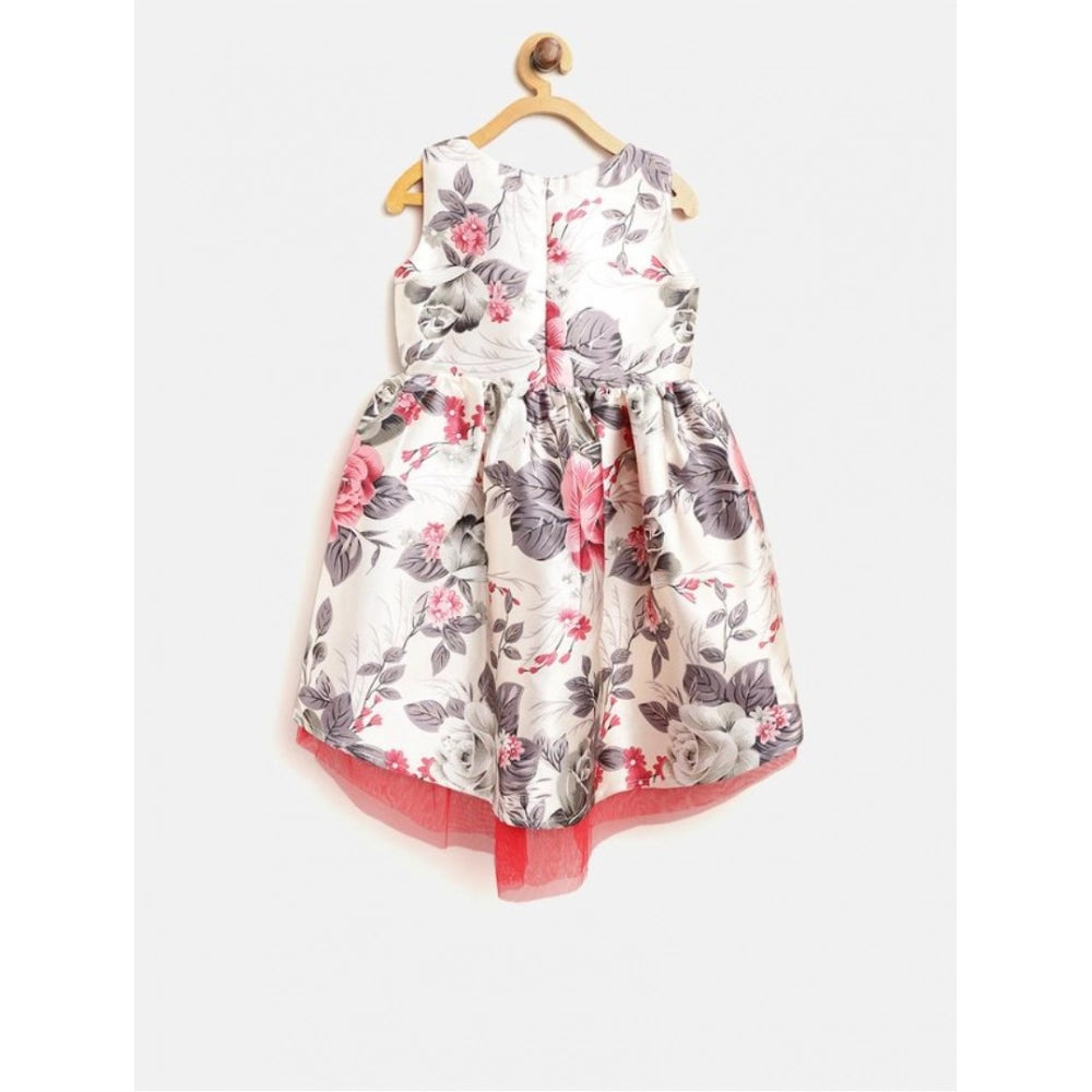 Girl's Polyester & Net Inset Sleeveless Dress with Net Inset (Off White)