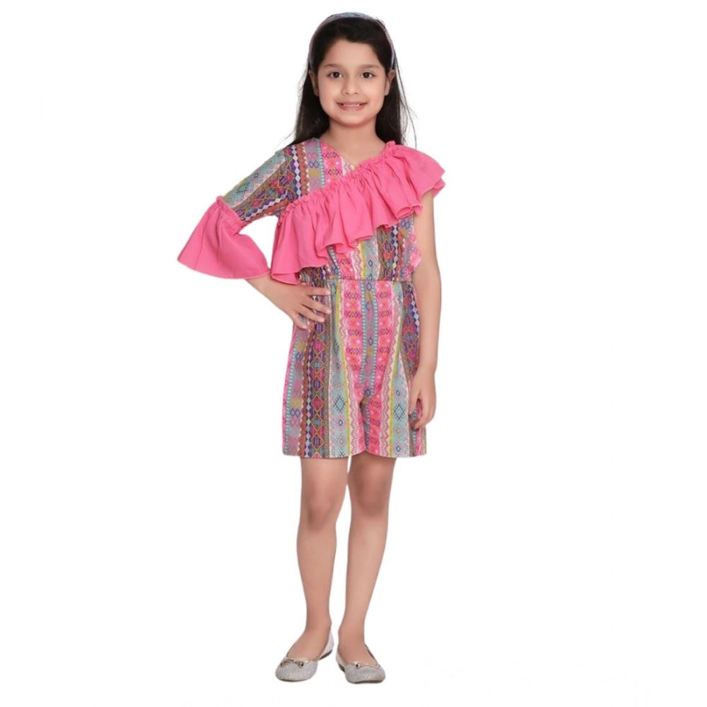 Girl's Cotton & Polyester Printed 3/4th Sleeves Dress (Pink)