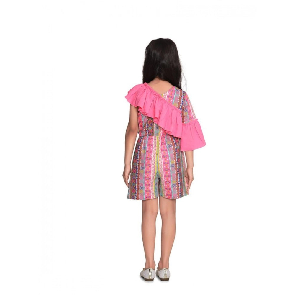 Girl's Cotton & Polyester Printed 3/4th Sleeves Dress (Pink)