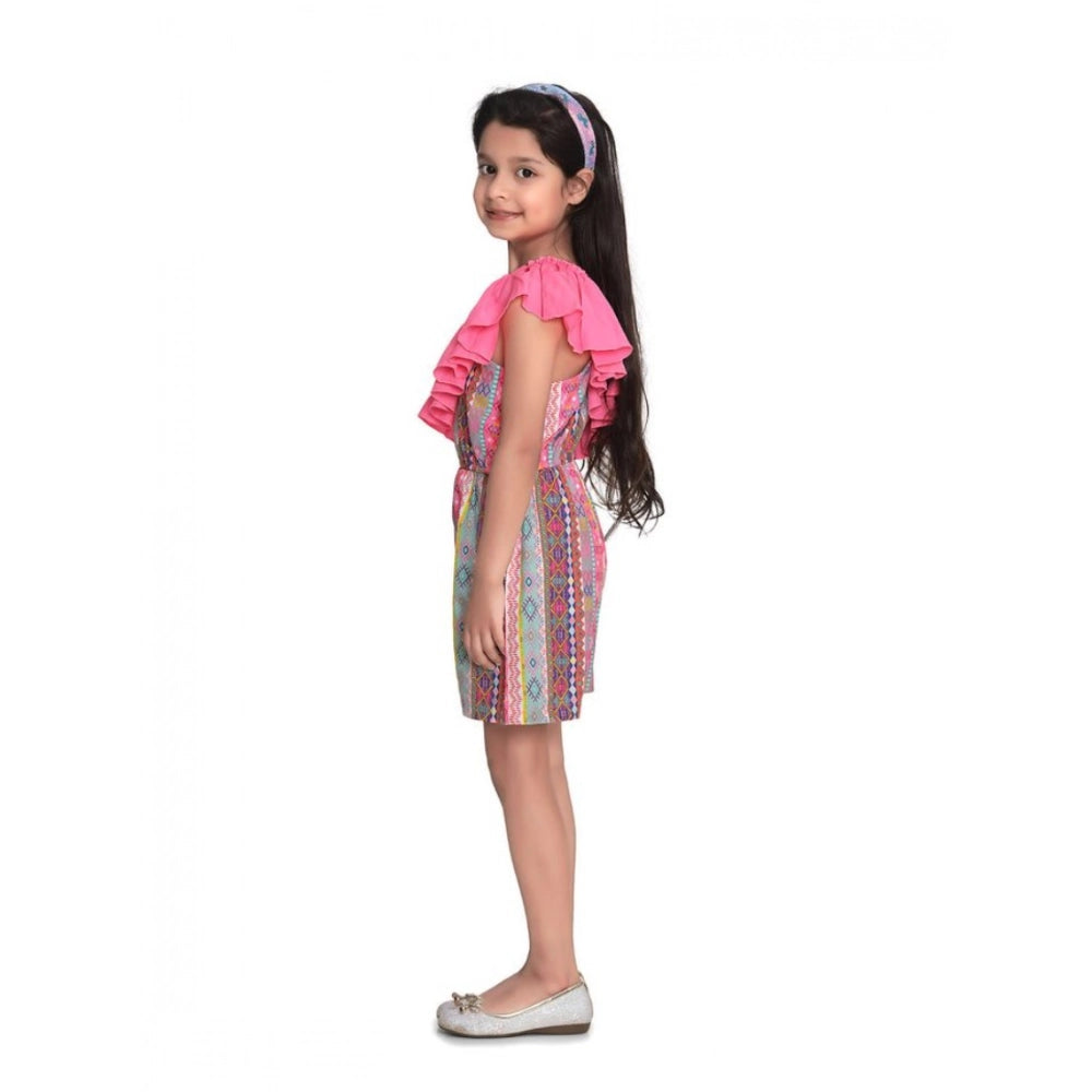 Girl's Cotton & Polyester Printed 3/4th Sleeves Dress (Pink)
