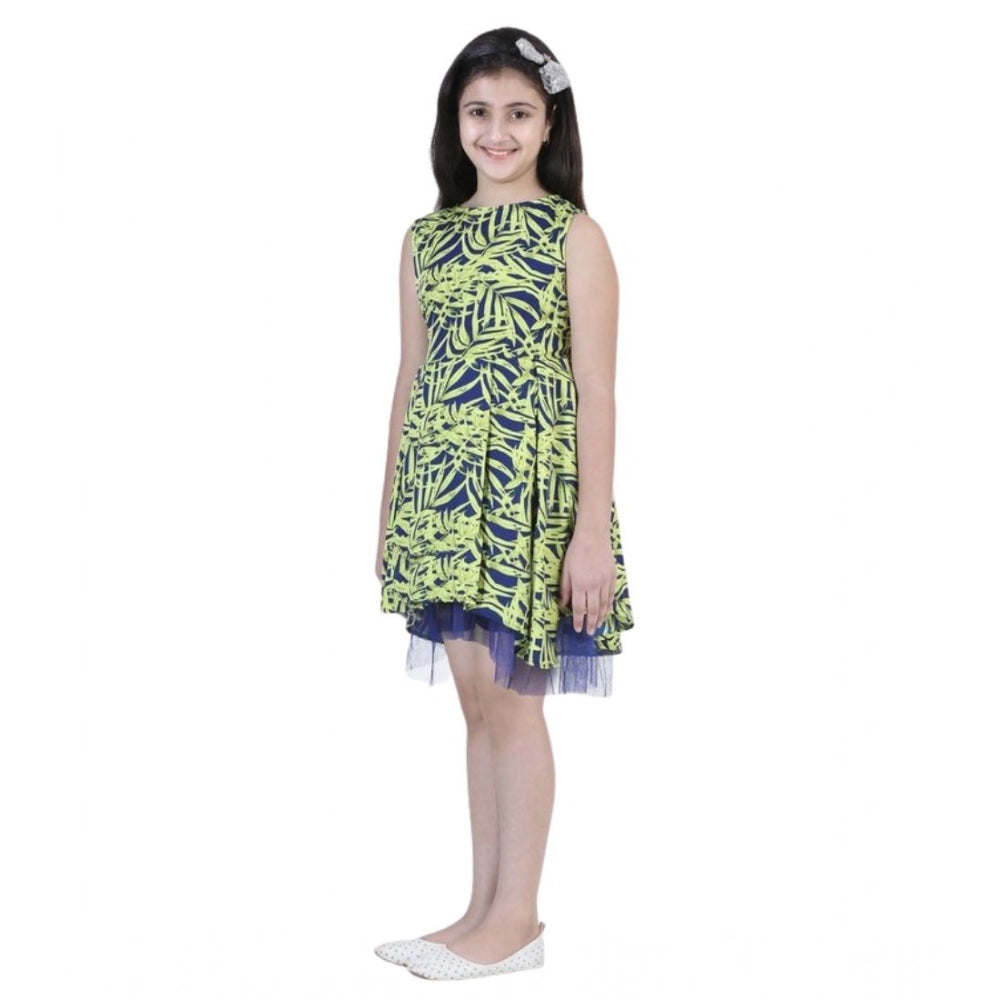 Girl's Polyester Crepe & Net Printed Sleeveless Dress (Yellow-Blue)