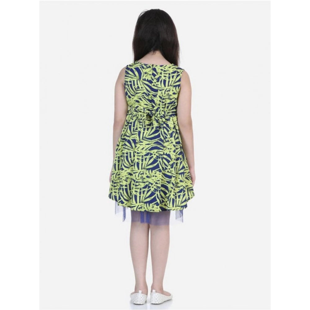 Girl's Polyester Crepe & Net Printed Sleeveless Dress (Yellow-Blue)