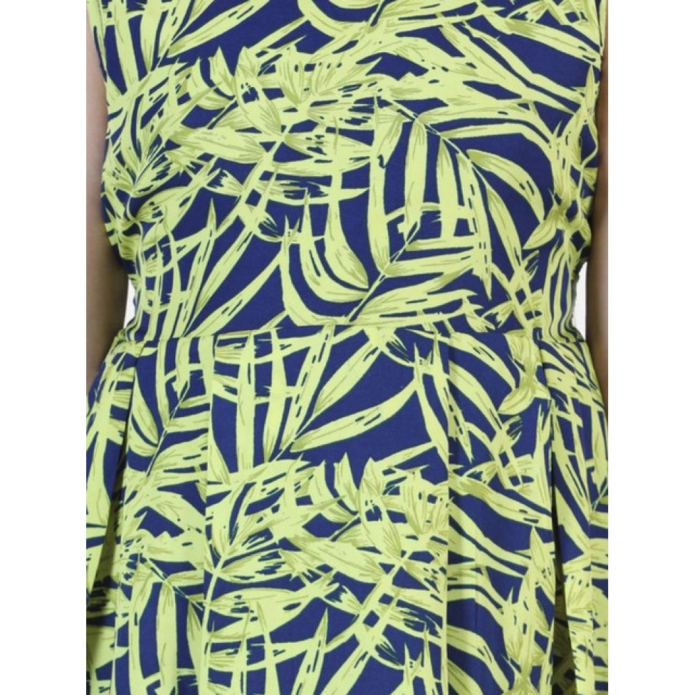 Girl's Polyester Crepe & Net Printed Sleeveless Dress (Yellow-Blue)