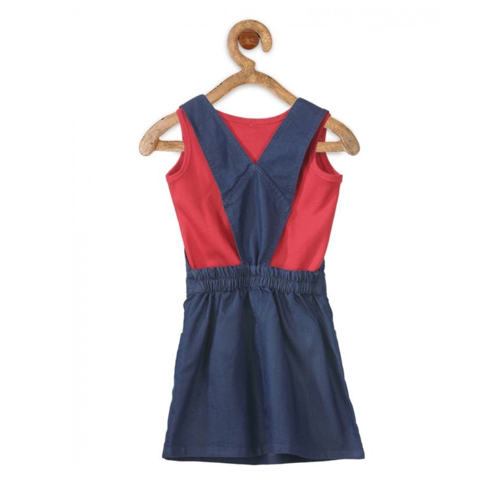 Girl's Denim & Cotton Bow Sleeveless Dungaree (Red)