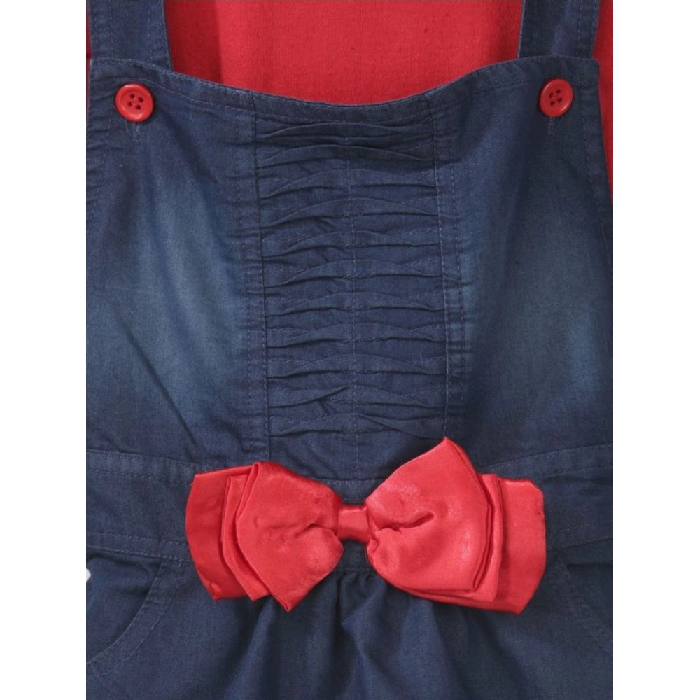 Girl's Denim & Cotton Bow Sleeveless Dungaree (Red)