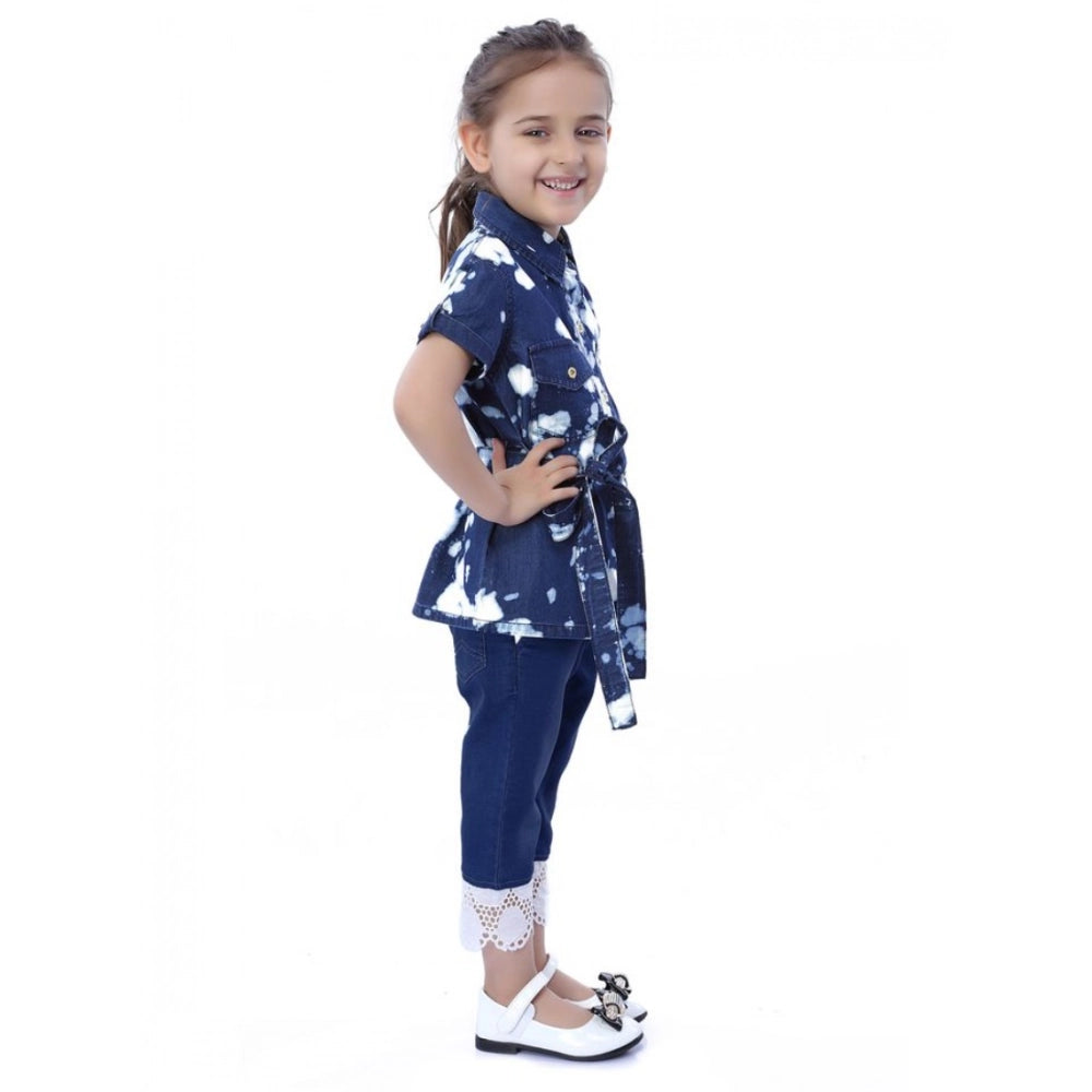 Girl's Denim Tie & Dye Short Sleeve Top (Blue-White)