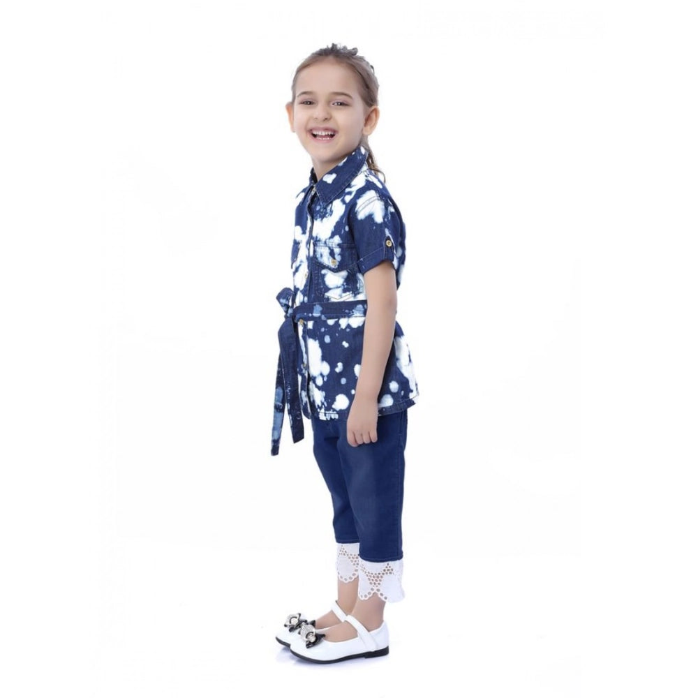 Girl's Denim Tie & Dye Short Sleeve Top (Blue-White)