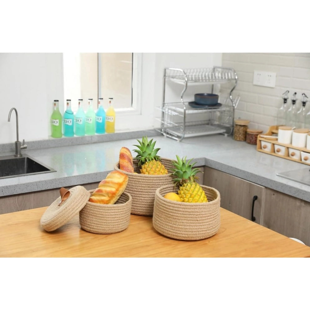 Cotton 3 Pcs Set Roti Box Storage Basket With Lid (Beige)