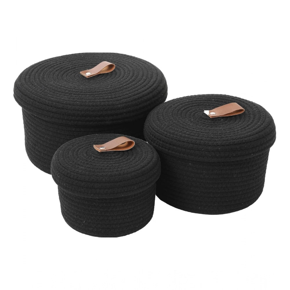 Cotton 3 Pcs Set Roti Box Storage Basket With Lid (Black)