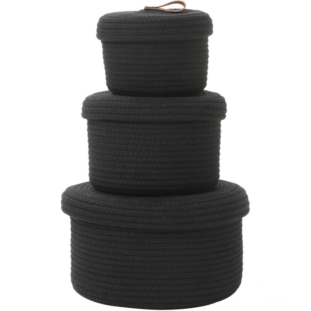 Cotton 3 Pcs Set Roti Box Storage Basket With Lid (Black)