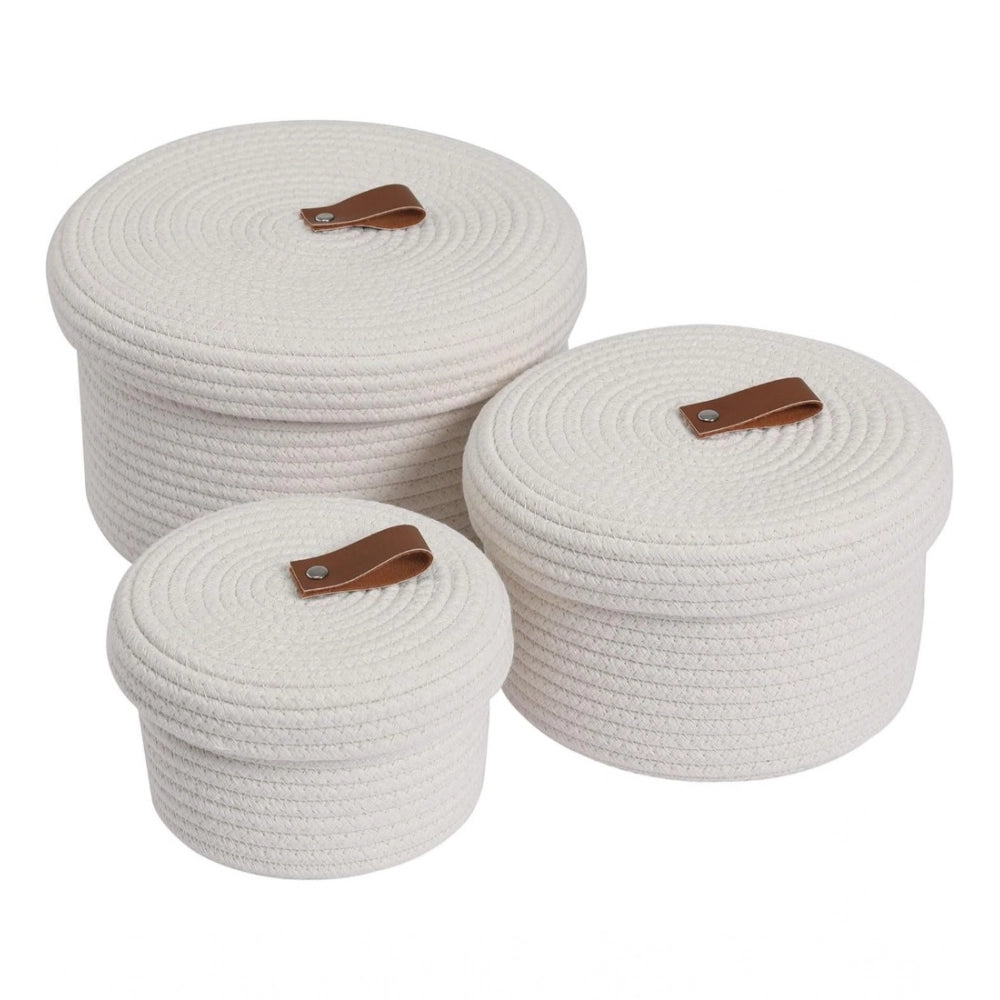 Cotton 3 Pcs Set Roti Box Storage Basket With Lid (White)