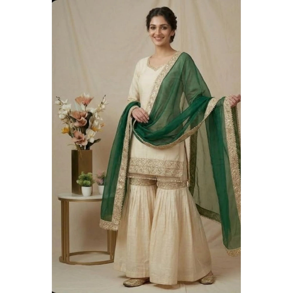 Women's Silk Embroidered 3/4th Sleeve V-Neck Kurti With Sharara Pant and Dupatta Set (Cream & Bottle Green)