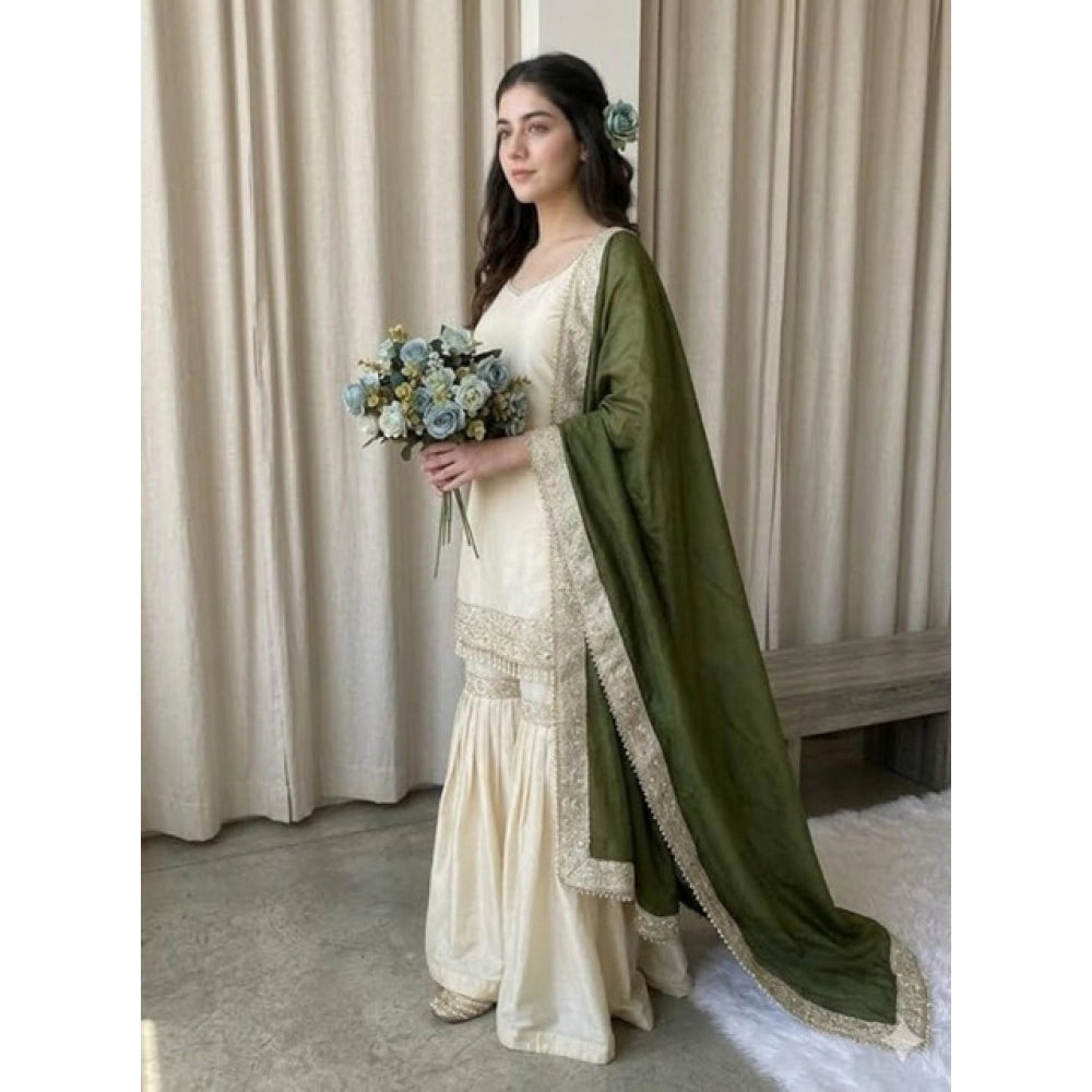 Women's Silk Embroidered 3/4th Sleeve V-Neck Kurti With Sharara Pant and Dupatta Set (Cream & Green)