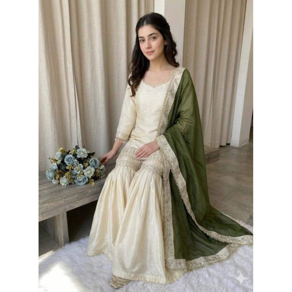 Women's Silk Embroidered 3/4th Sleeve V-Neck Kurti With Sharara Pant and Dupatta Set (Cream & Green)