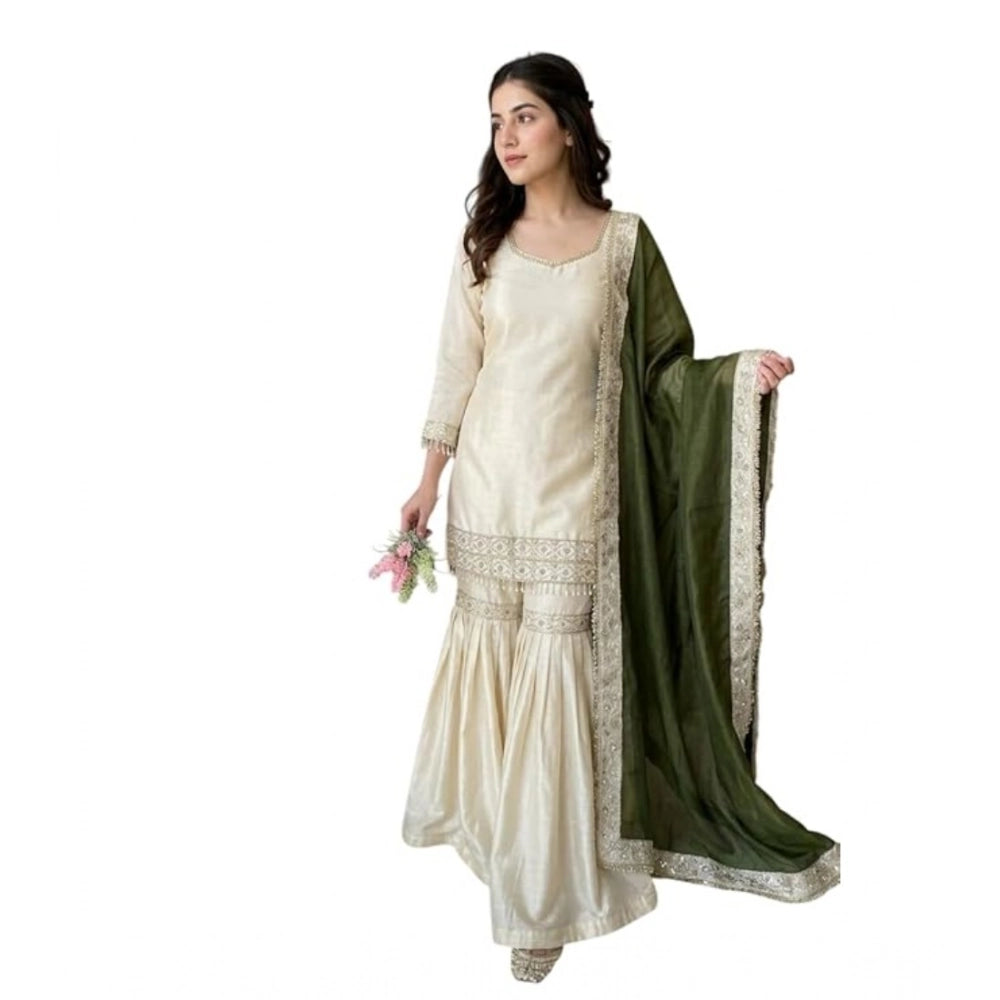 Women's Silk Embroidered 3/4th Sleeve V-Neck Kurti With Sharara Pant and Dupatta Set (Cream & Green)