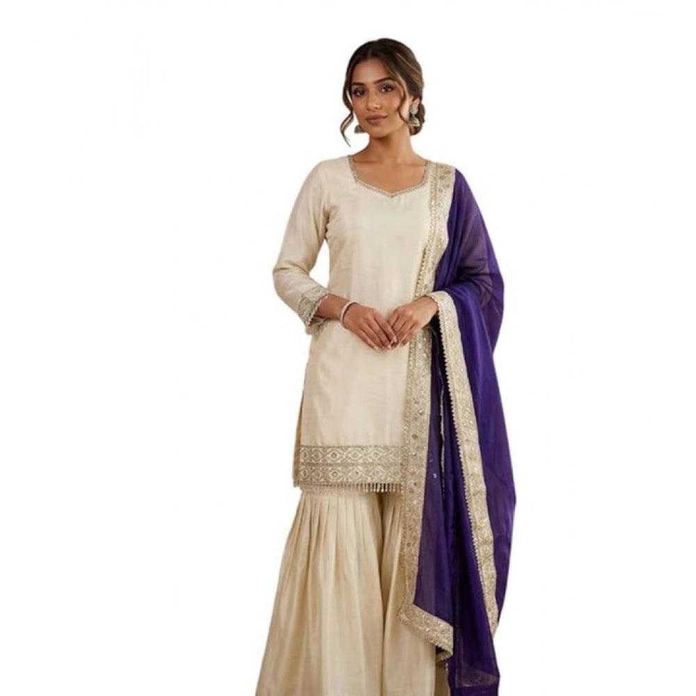 Women's Silk Embroidered 3/4th Sleeve V-Neck Kurti With Sharara Pant and Dupatta Set (Cream & Purple)