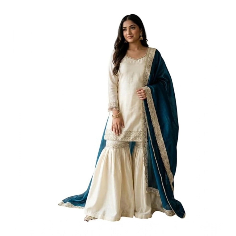 Women's Silk Embroidered 3/4th Sleeve V-Neck Kurti With Sharara Pant and Dupatta Set (Cream & Teal)
