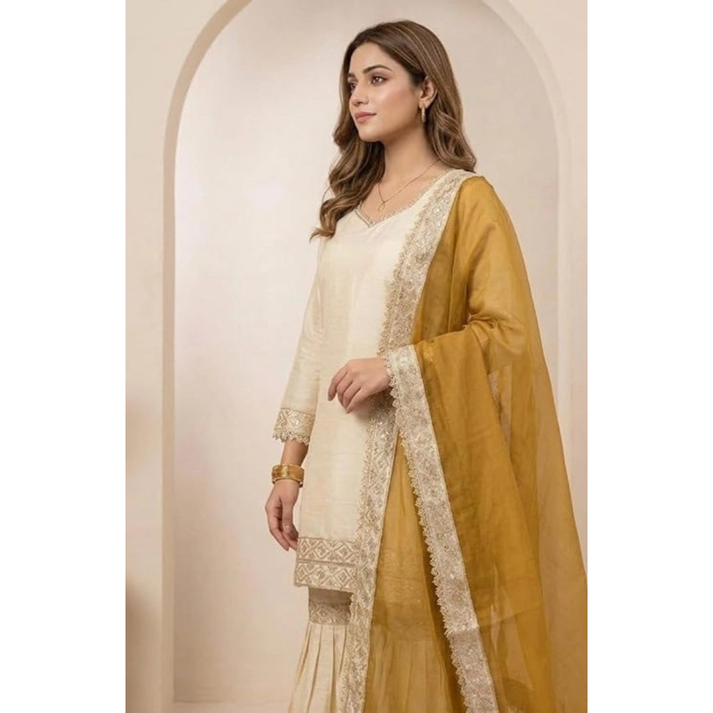Women's Silk Embroidered 3/4th Sleeve V-Neck Kurti With Sharara Pant and Dupatta Set (Cream & Yellow)