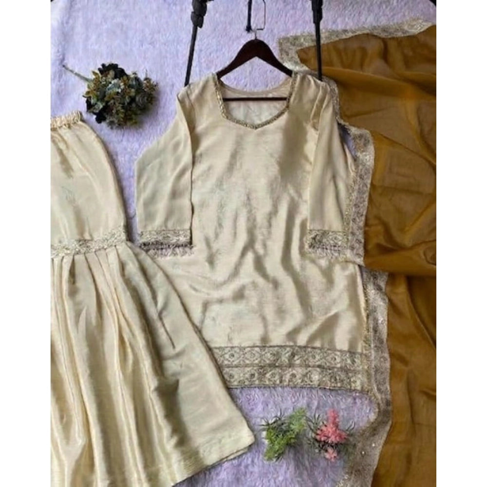 Women's Silk Embroidered 3/4th Sleeve V-Neck Kurti With Sharara Pant and Dupatta Set (Cream & Yellow)