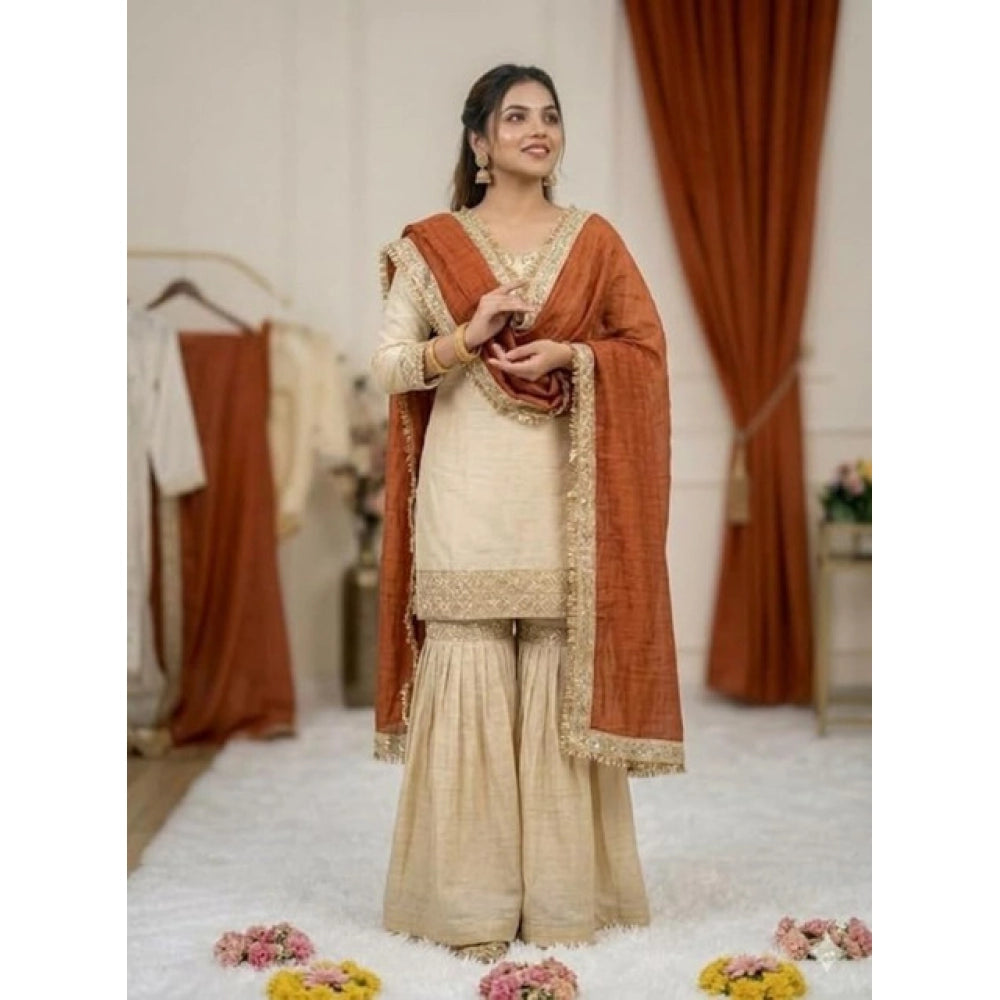 Women's Silk Embroidered 3/4th Sleeve V-Neck Kurti With Sharara Pant and Dupatta Set (Cream & Orange)
