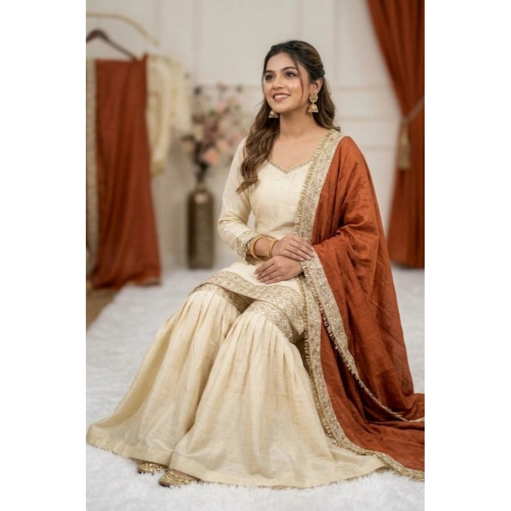 Women's Silk Embroidered 3/4th Sleeve V-Neck Kurti With Sharara Pant and Dupatta Set (Cream & Orange)