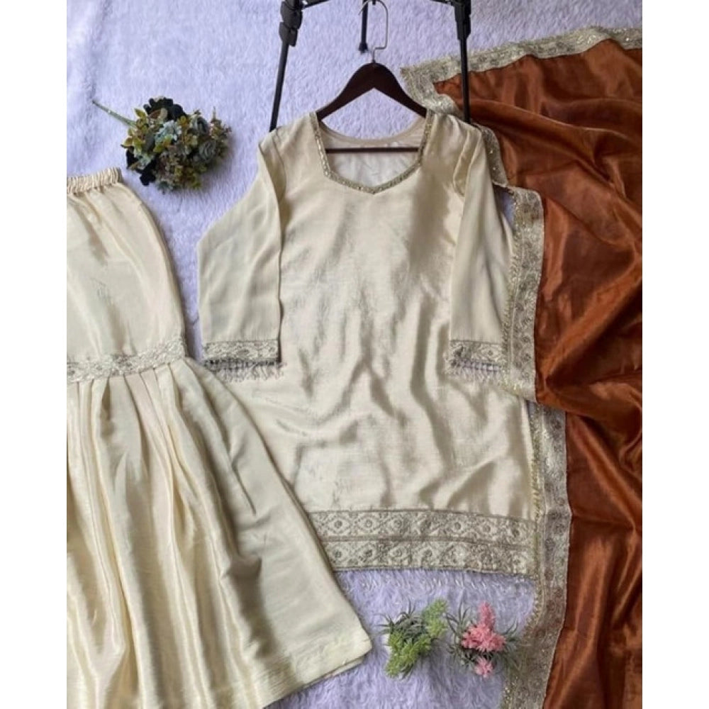 Women's Silk Embroidered 3/4th Sleeve V-Neck Kurti With Sharara Pant and Dupatta Set (Cream & Orange)