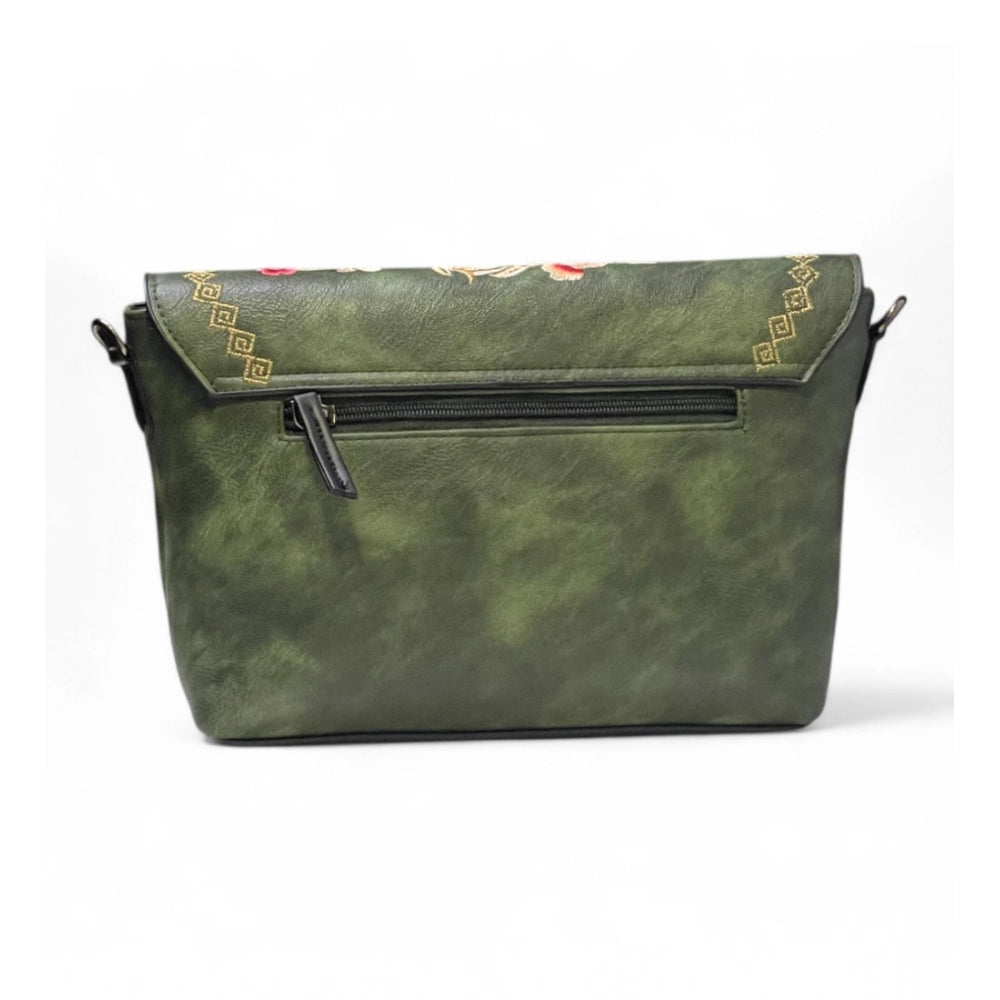 Generic Women's Polyurethane Floral Embroidered Crossbody Sling Bag with Adjustable & Removable Strap (Green)