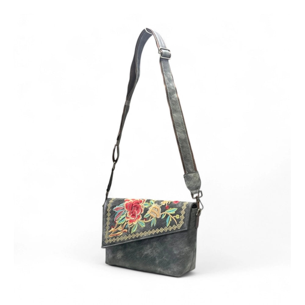 Generic Women's Polyurethane Floral Embroidered Crossbody Sling Bag with Adjustable & Removable Strap (Grey)
