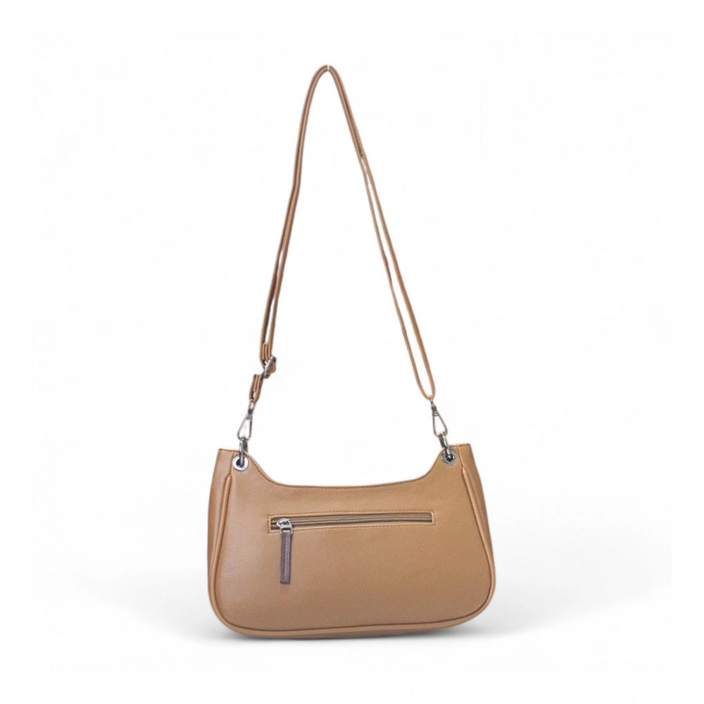 Generic Women's Polyurethane Floral Embroidered Crossbody Sling Bag with Adjustable & Removable Strap (Tan)