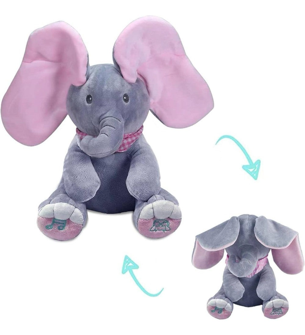 Wool Peek-a-Boo Musical Elephant Plush Toy (Grey-Pink)