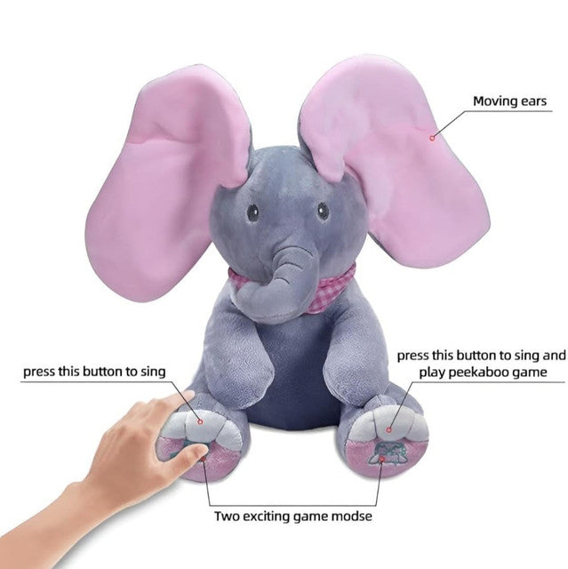 Wool Peek-a-Boo Musical Elephant Plush Toy (Grey-Pink)