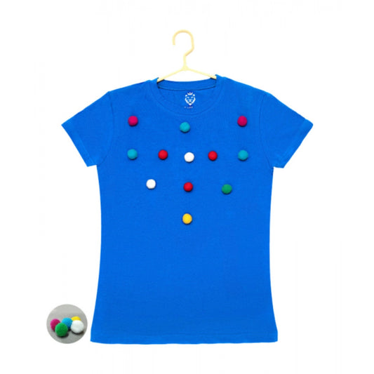 Girl's Casual Short Sleeve Pom Pom Balls Cotton T Shirt (Royal Blue)