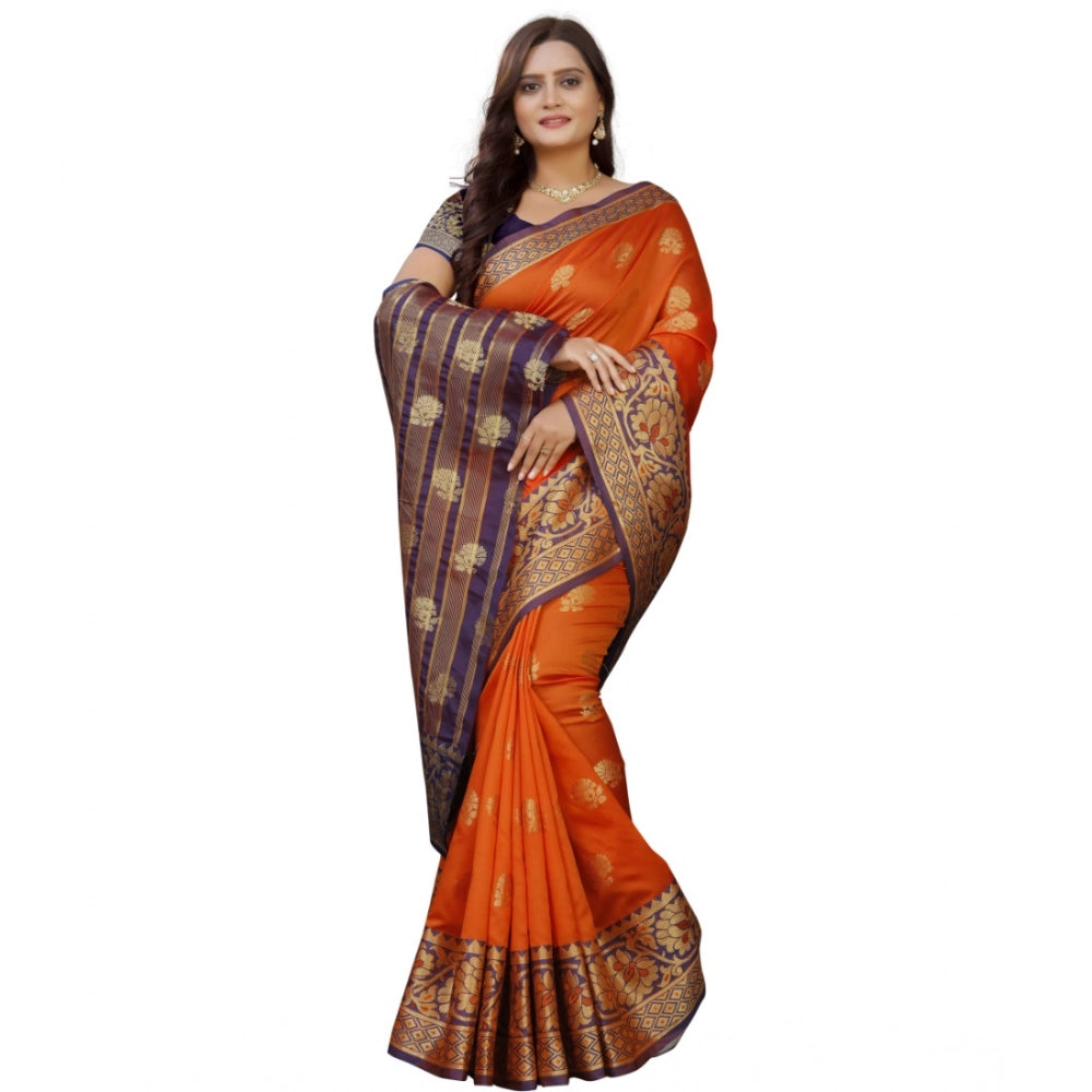 Women's Silk Blend Woven Saree With Unstitched Blouse 5.5Mtr (Gold-Orange)