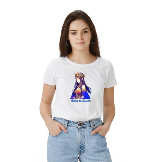 Generic Women's Polyester Solid Printed Round Neck Half Sleeve T-shirt (White)