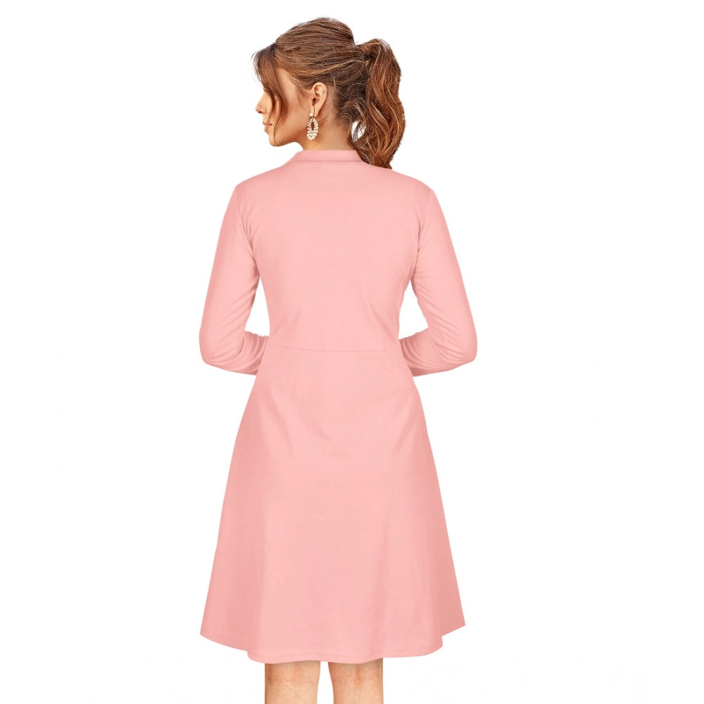 Generic Women's Knitting stretchable Solid Round Neck Full Sleeve Dress (Peach)
