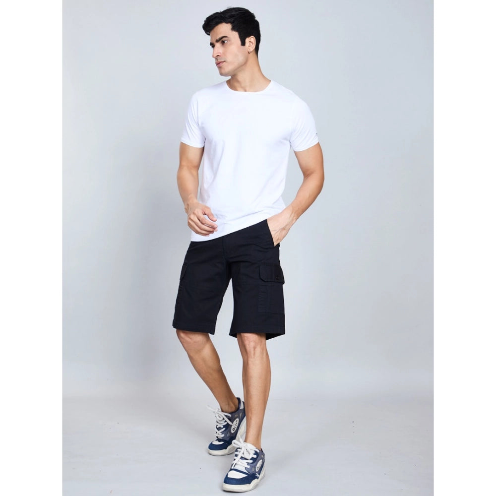 Generic Men's Casual Cotton Solid Knee Length Cargo Shorts (Black)