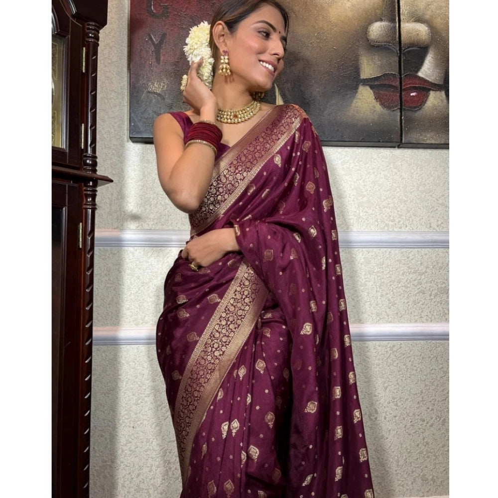 Women's Silk Printed Saree With Unstitched Blouse 5.5Mtr (Wine)