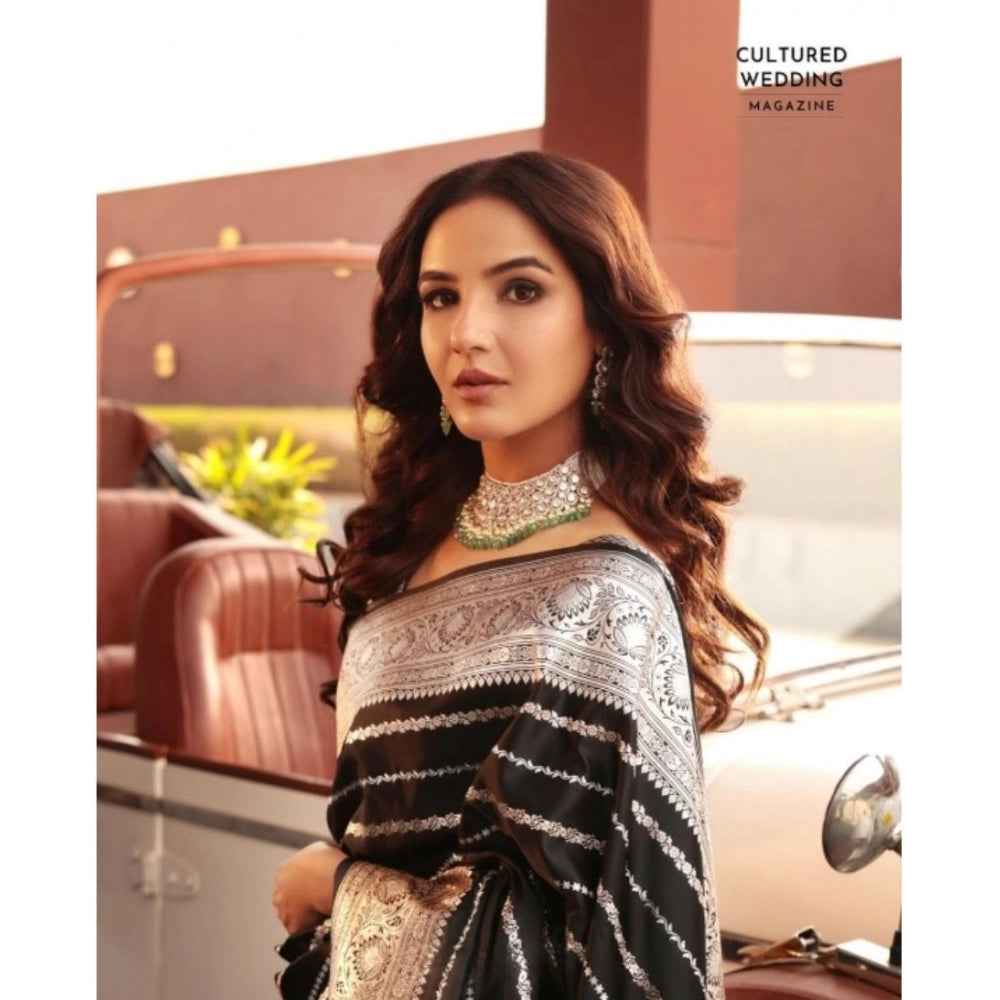 Women's Silk Printed Saree With Unstitched Blouse 5.5Mtr (Black)