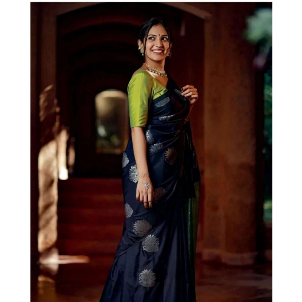 Generic Women's Silk Printed Saree With Unstitched Blouse 5.5Mtr (Navy Blue)