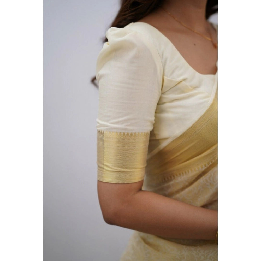 Women's Silk Printed Saree With Unstitched Blouse 5.5Mtr (Cream)