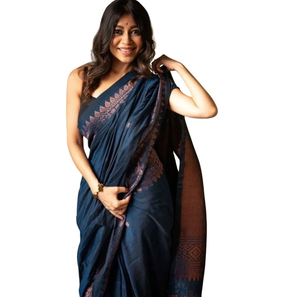 Women's Silk Printed Saree With Unstitched Blouse 5.5Mtr (Navy Blue)