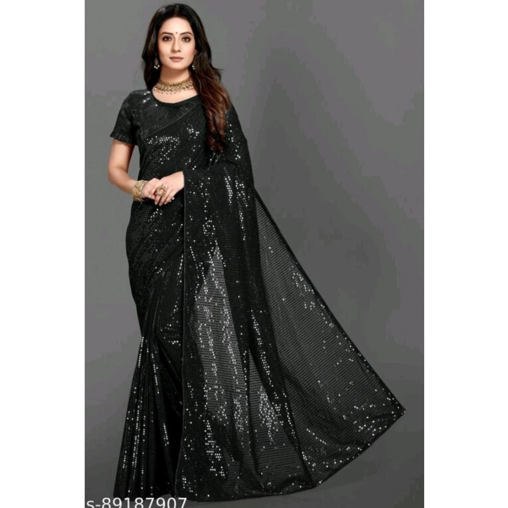 Women's Georgette Embellished Sequnece Bollywood Saree With Unstitched Blouse 5.5Mtr (Black)