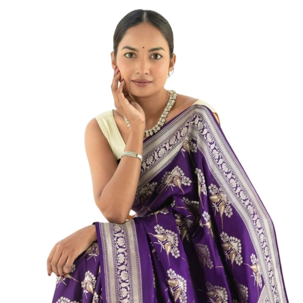 Women's Silk Printed Saree With Unstitched Blouse 5.5Mtr (Purple)