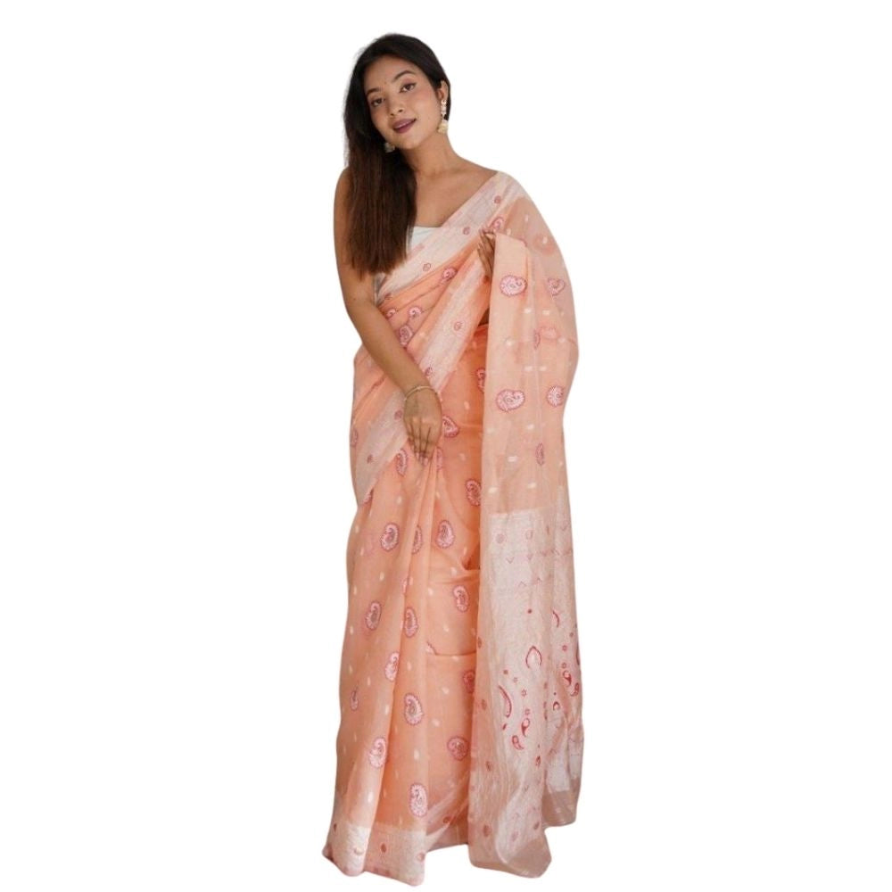Women's Cotton  Printed Saree With Unstitched Blouse 5.5Mtr (Peach)