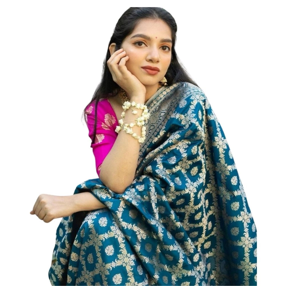 Women's Silk Printed Saree With Unstitched Blouse 5.5Mtr (Sky Blue)