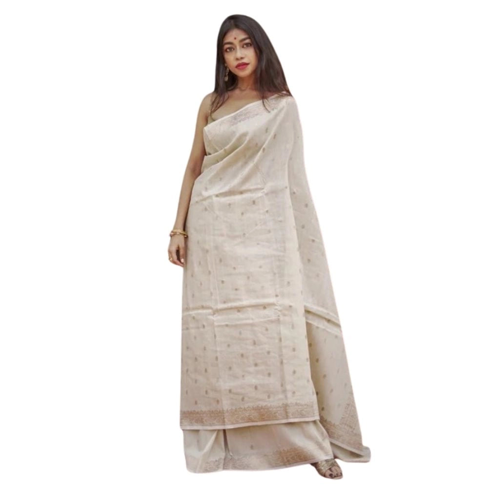 Women's Cotton  Printed Saree With Unstitched Blouse 5.5Mtr (Cream)