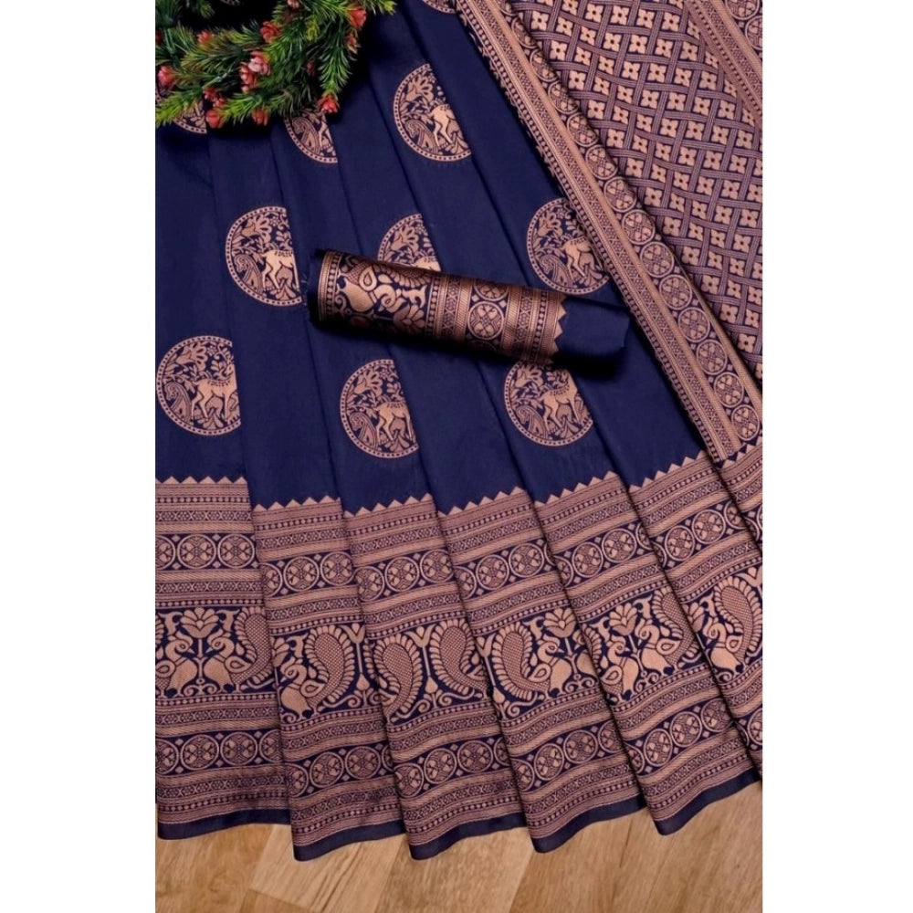 Women's Soft Lichi Silk Printed Saree With Unstitched Blouse 5.5Mtr (Navy Blue)