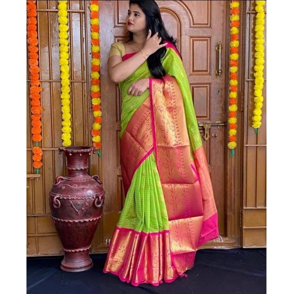 Women's Soft Lichi Silk Printed Saree With Unstitched Blouse 5.5Mtr (Green)